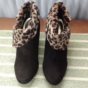 Faux Fur & Suede Brown/Leopard Booties, 3.5" heel